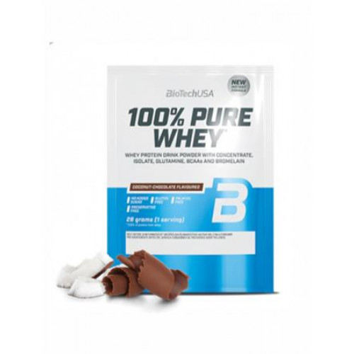 Srvátkový proteínový prášok, 28g, BIOTECH USA &quot;100% Pure Whey&quot;, kokos-čokoláda