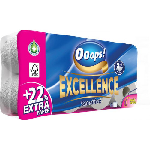 Toaletný papier, 3-vrstvový, malý kotúč, 8 kotúčový, OOOPS &quot;Excellence&quot;