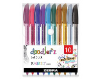 Gélové pero, sada, 0,33 mm, s uzáverom, ZEBRA "Doodler`z Glitter", 10 rôznych farieb